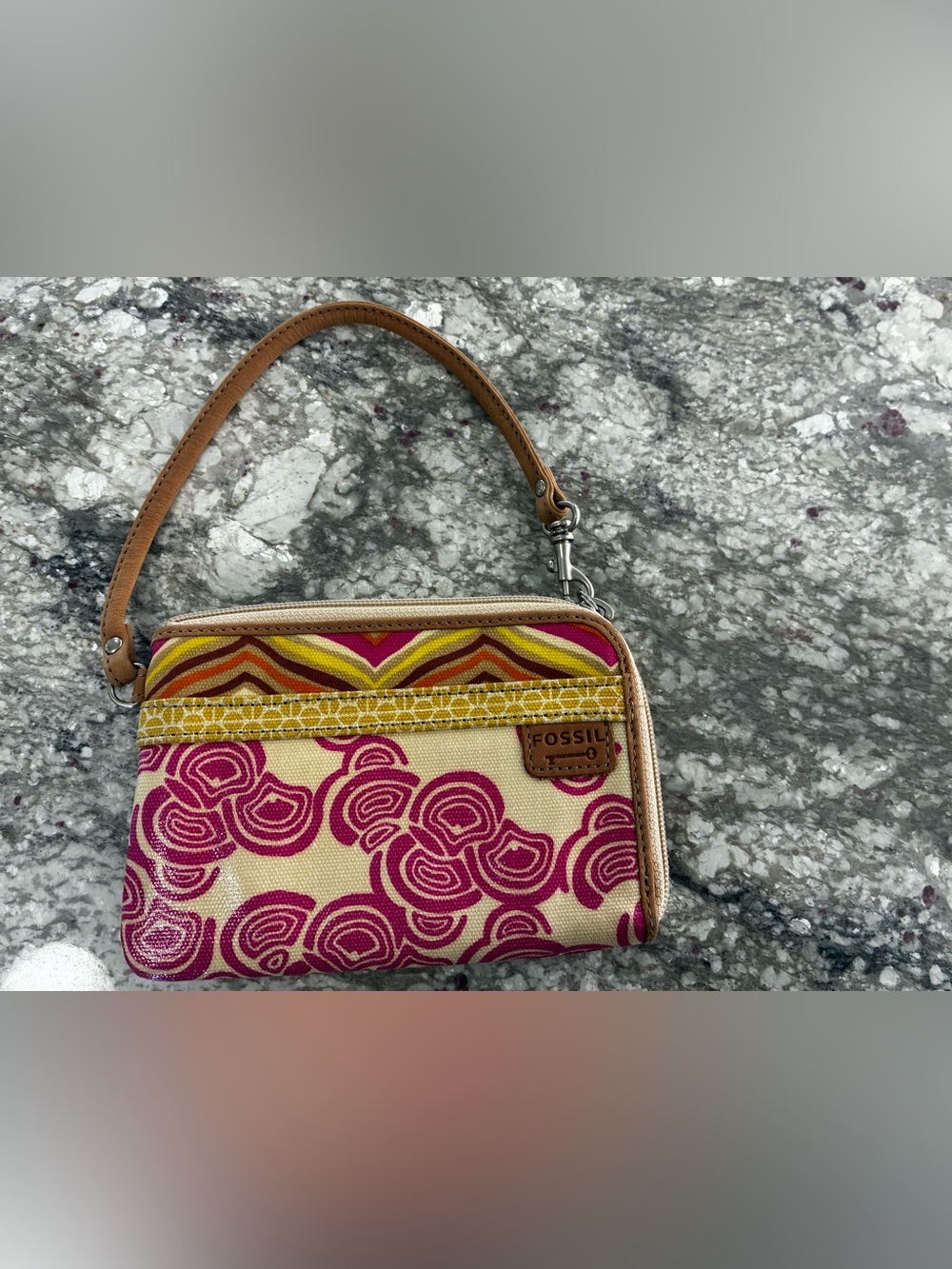 Fossil Pink and Tan Floral Canvas Wristlet with Yellow Accents